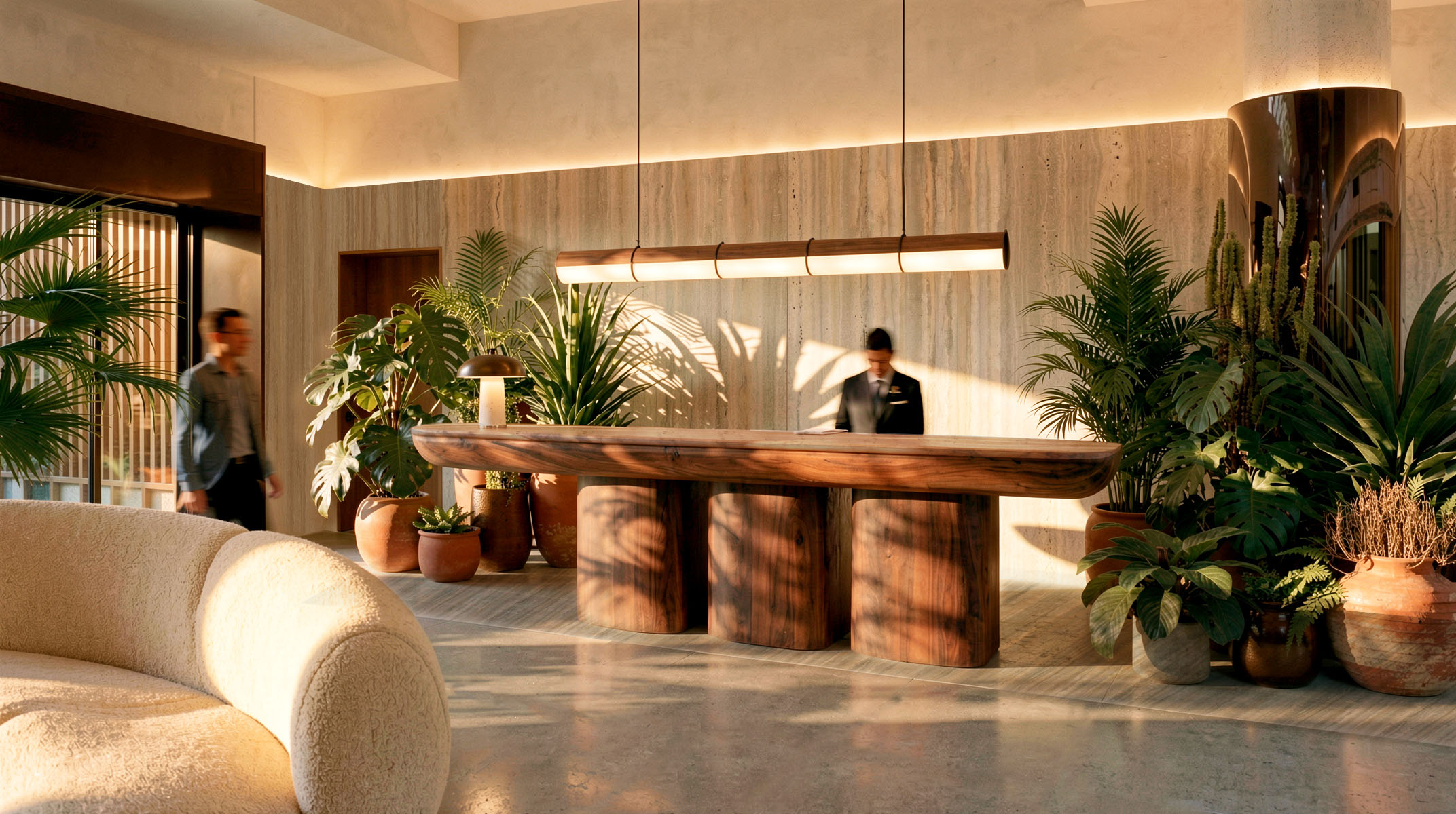 The Herring reception visualisation, featuring sculpted timber joinery, stone surfaces and planting